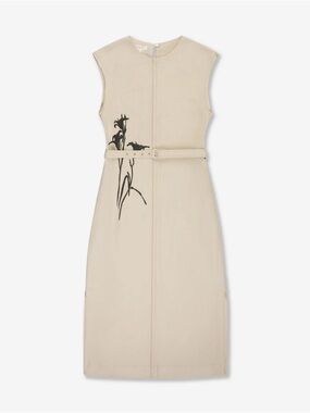 Sleeveless Beige Midi Dress with Black Floral Detail